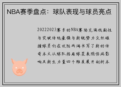 NBA赛季盘点：球队表现与球员亮点