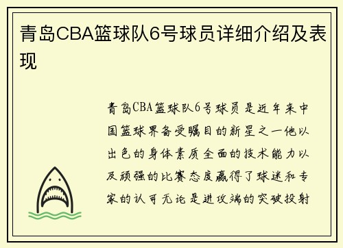 青岛CBA篮球队6号球员详细介绍及表现