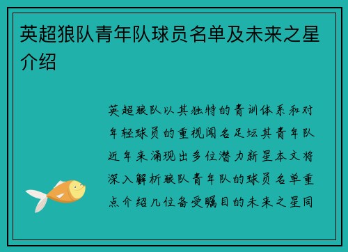 英超狼队青年队球员名单及未来之星介绍