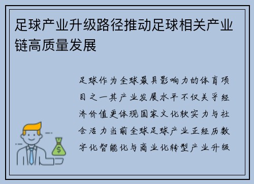 足球产业升级路径推动足球相关产业链高质量发展
